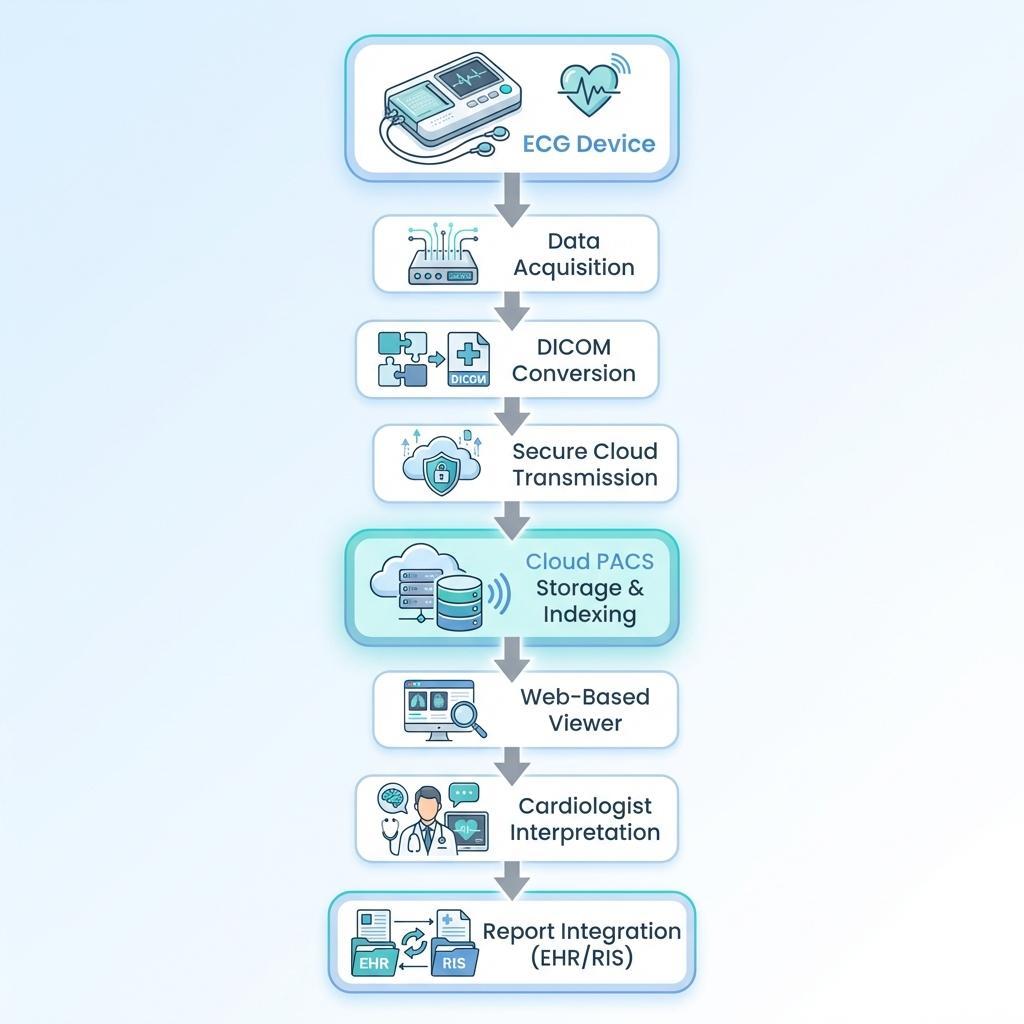 Cloud PACS ECG workflow diagram showing data acquisition, transmission, storage, and remote interpretation